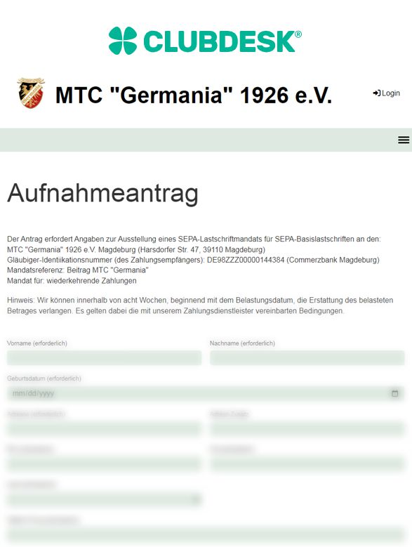 Online-Aufnahmeantrag MTC Germania 1926 e.V.